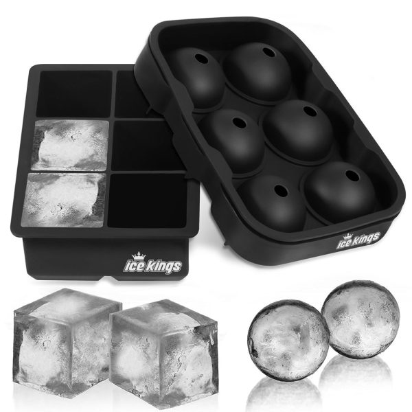 Ice Kings - Cocktail Large King Size Ice Cube Molds (2-pack) Square 2.1  and Round Ice Balls Whiskey, Bourbon, Old Fashion, Party Fun For Sale